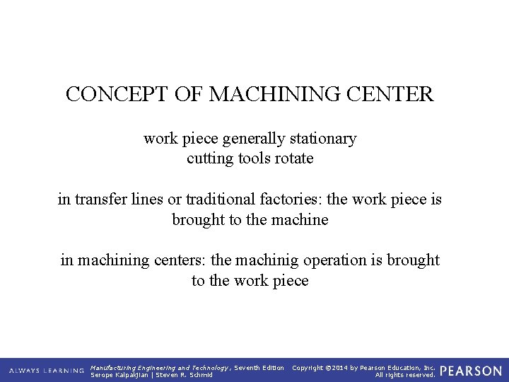 CONCEPT OF MACHINING CENTER work piece generally stationary cutting tools rotate in transfer lines