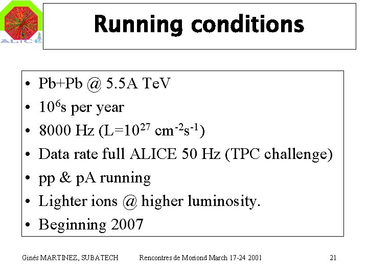 Running conditions • • Pb+Pb @ 5. 5 A Te. V 106 s per