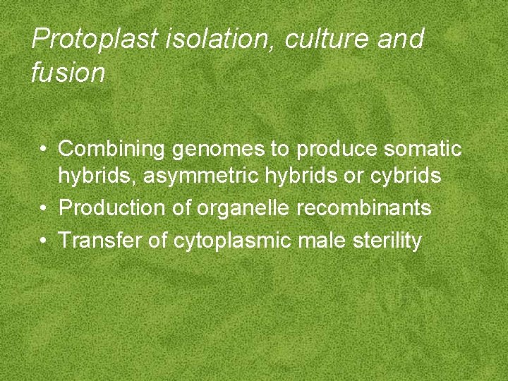 Protoplast isolation, culture and fusion • Combining genomes to produce somatic hybrids, asymmetric hybrids