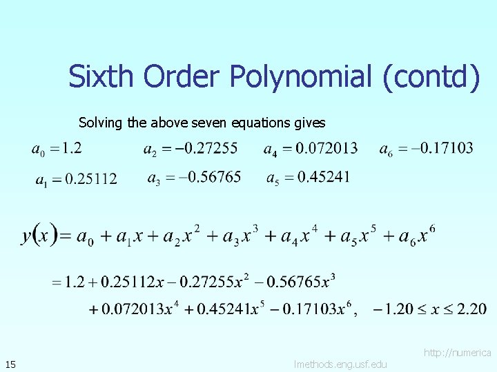 Sixth Order Polynomial (contd) Solving the above seven equations gives 15 lmethods. eng. usf.