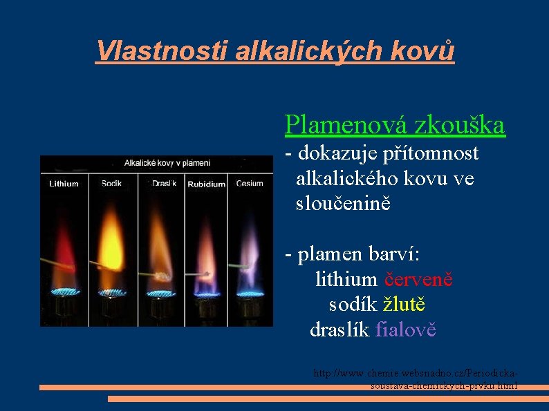 Vlastnosti alkalických kovů Plamenová zkouška - dokazuje přítomnost alkalického kovu ve sloučenině - plamen