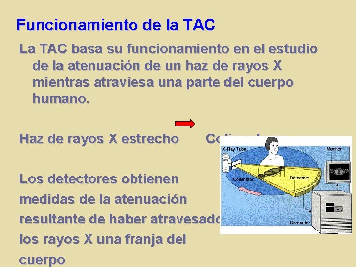 Funcionamiento de la TAC La TAC basa su funcionamiento en el estudio de la