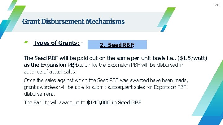 20 Grant Disbursement Mechanisms ▰ Types of Grants: - 2. Seed RBF: The Seed