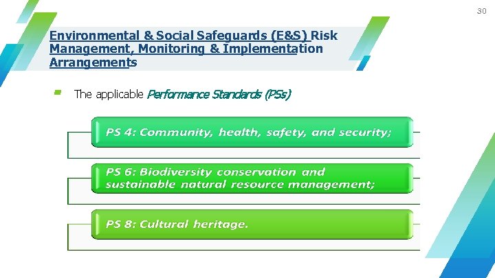 30 Environmental & Social Safeguards (E&S) Risk Management, Monitoring & Implementation Arrangements ▰ The