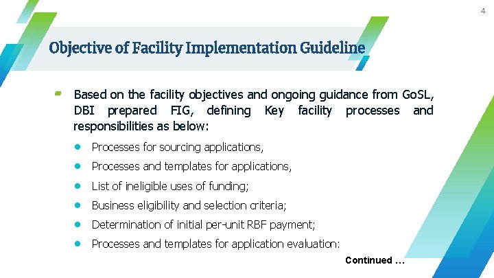 4 Objective of Facility Implementation Guideline ▰ Based on the facility objectives and ongoing