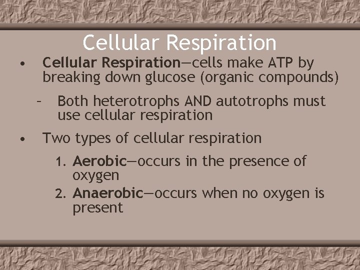 Cellular Respiration • Cellular Respiration—cells make ATP by breaking down glucose (organic compounds) –