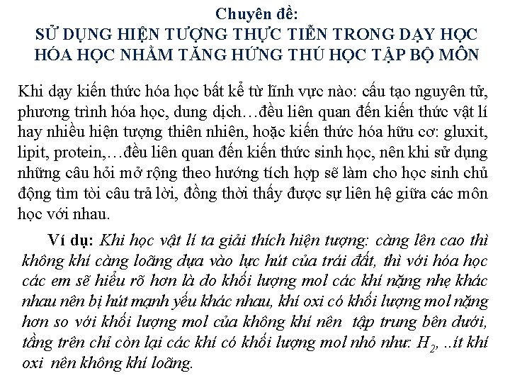 Chuyên đề: SỬ DỤNG HIỆN TƯỢNG THỰC TIỄN TRONG DẠY HỌC HÓA HỌC NHẰM