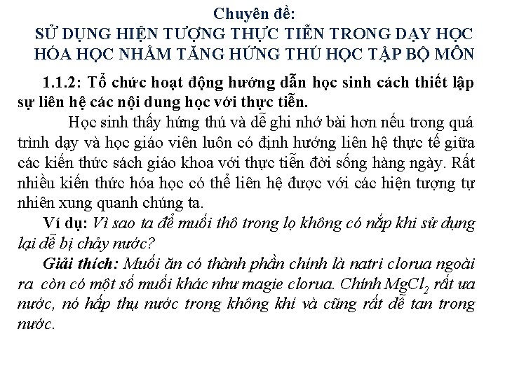 Chuyên đề: SỬ DỤNG HIỆN TƯỢNG THỰC TIỄN TRONG DẠY HỌC HÓA HỌC NHẰM