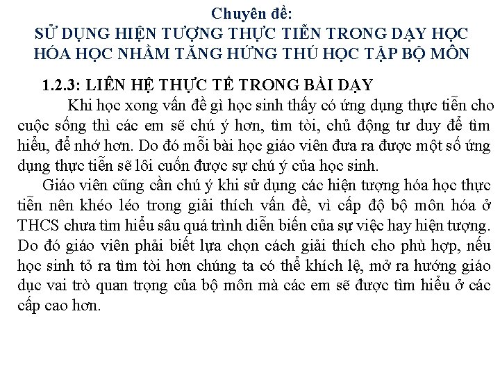 Chuyên đề: SỬ DỤNG HIỆN TƯỢNG THỰC TIỄN TRONG DẠY HỌC HÓA HỌC NHẰM