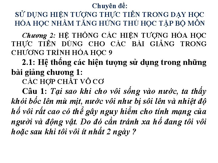 Chuyên đề: SỬ DỤNG HIỆN TƯỢNG THỰC TIỄN TRONG DẠY HỌC HÓA HỌC NHẰM