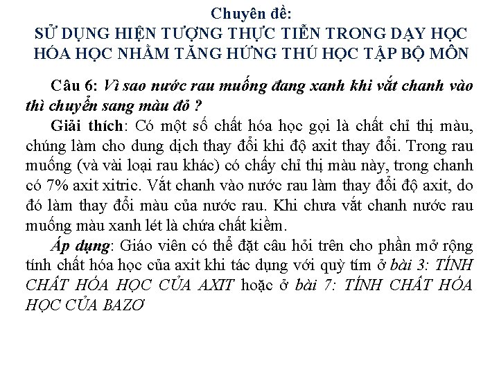 Chuyên đề: SỬ DỤNG HIỆN TƯỢNG THỰC TIỄN TRONG DẠY HỌC HÓA HỌC NHẰM