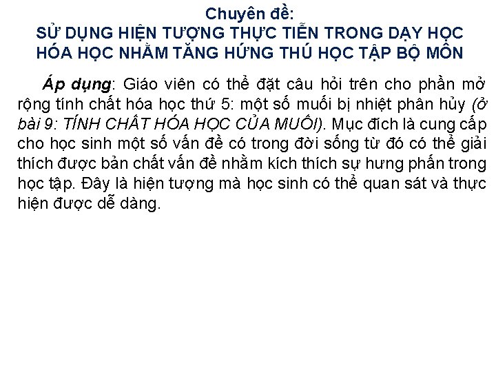 Chuyên đề: SỬ DỤNG HIỆN TƯỢNG THỰC TIỄN TRONG DẠY HỌC HÓA HỌC NHẰM