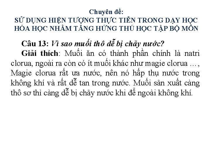 Chuyên đề: SỬ DỤNG HIỆN TƯỢNG THỰC TIỄN TRONG DẠY HỌC HÓA HỌC NHẰM