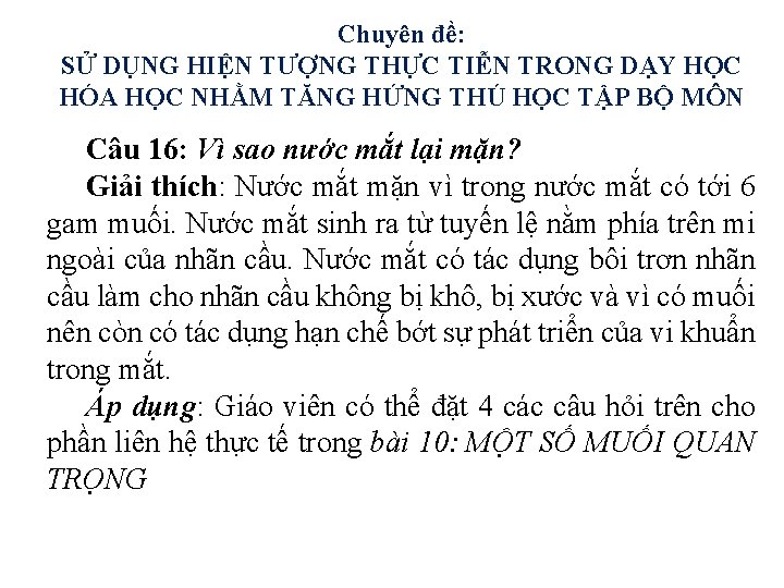 Chuyên đề: SỬ DỤNG HIỆN TƯỢNG THỰC TIỄN TRONG DẠY HỌC HÓA HỌC NHẰM