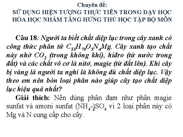 Chuyên đề: SỬ DỤNG HIỆN TƯỢNG THỰC TIỄN TRONG DẠY HỌC HÓA HỌC NHẰM