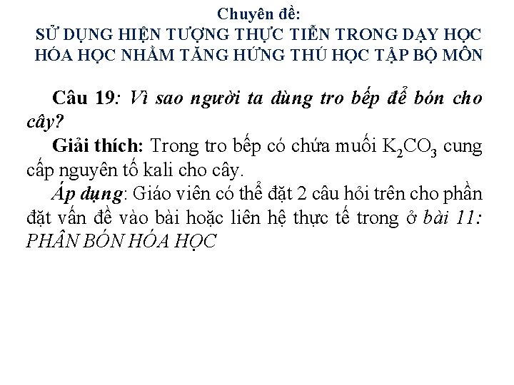 Chuyên đề: SỬ DỤNG HIỆN TƯỢNG THỰC TIỄN TRONG DẠY HỌC HÓA HỌC NHẰM