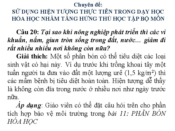 Chuyên đề: SỬ DỤNG HIỆN TƯỢNG THỰC TIỄN TRONG DẠY HỌC HÓA HỌC NHẰM