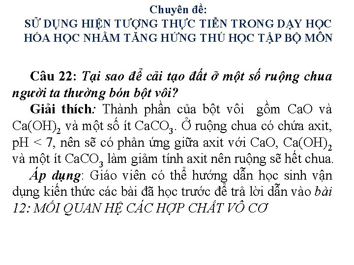 Chuyên đề: SỬ DỤNG HIỆN TƯỢNG THỰC TIỄN TRONG DẠY HỌC HÓA HỌC NHẰM