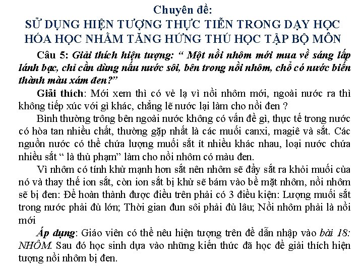 Chuyên đề: SỬ DỤNG HIỆN TƯỢNG THỰC TIỄN TRONG DẠY HỌC HÓA HỌC NHẰM