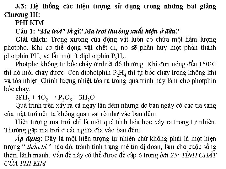 3. 3: Hệ thống các hiện tượng sử dụng trong những bài giảng Chương