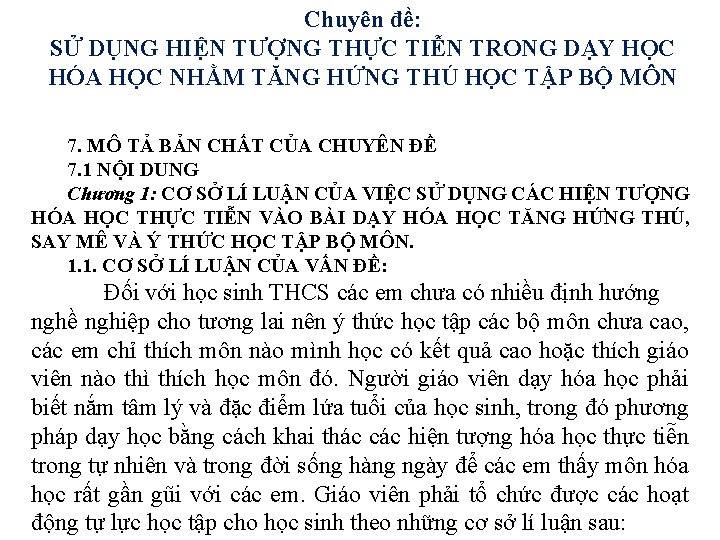 Chuyên đề: SỬ DỤNG HIỆN TƯỢNG THỰC TIỄN TRONG DẠY HỌC HÓA HỌC NHẰM