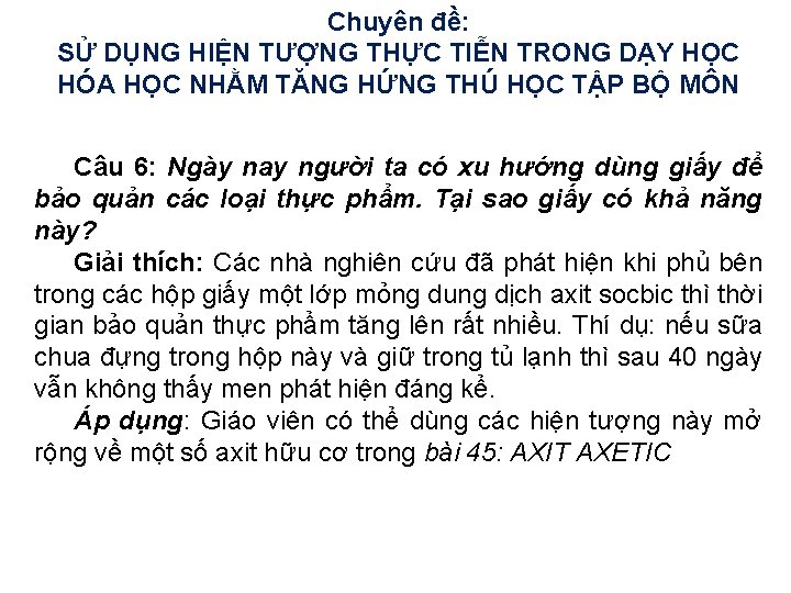 Chuyên đề: SỬ DỤNG HIỆN TƯỢNG THỰC TIỄN TRONG DẠY HỌC HÓA HỌC NHẰM