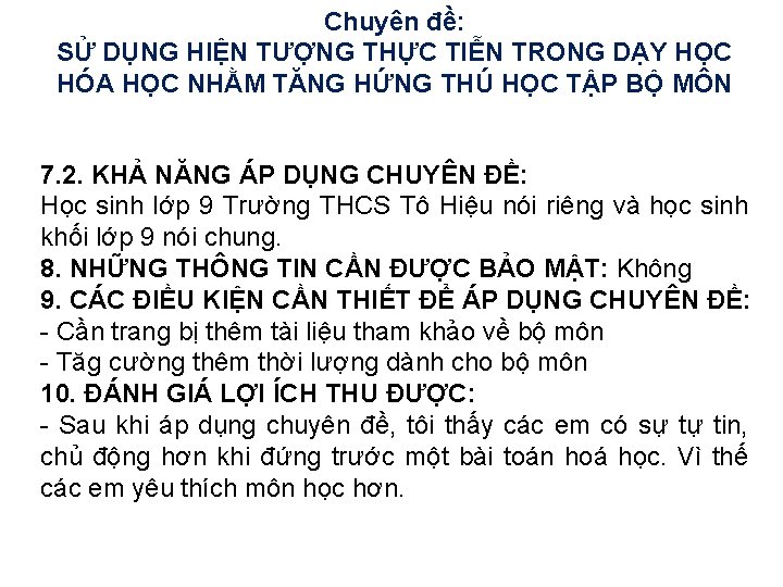 Chuyên đề: SỬ DỤNG HIỆN TƯỢNG THỰC TIỄN TRONG DẠY HỌC HÓA HỌC NHẰM