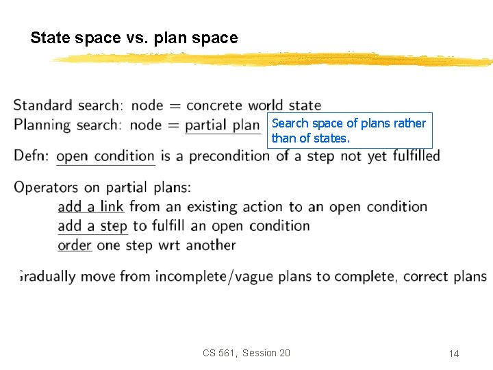 State space vs. plan space Search space of plans rather than of states. CS