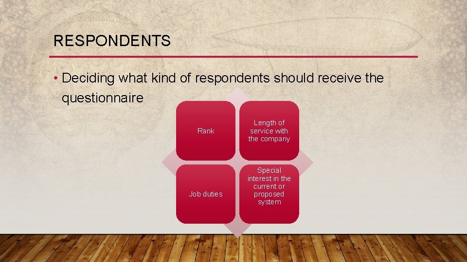 RESPONDENTS • Deciding what kind of respondents should receive the questionnaire Rank Job duties