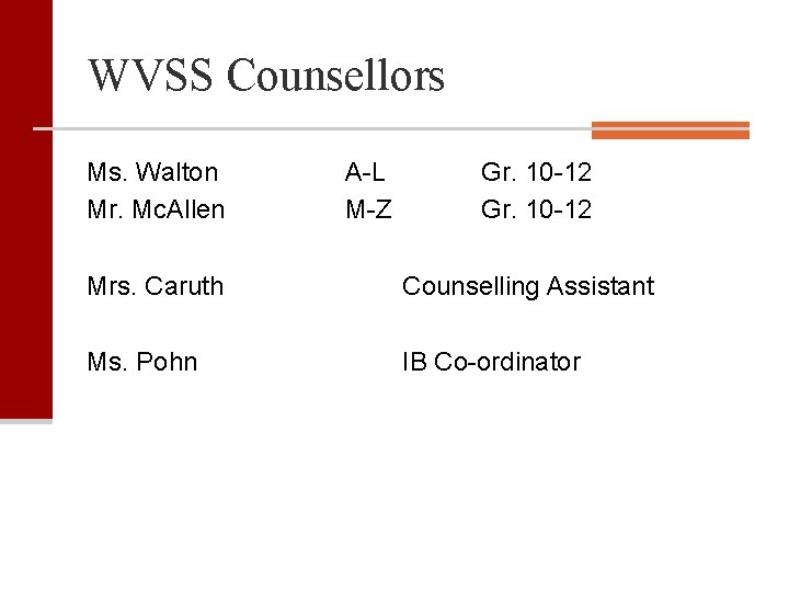 WVSS Counsellors Ms. Walton Mr. Mc. Allen A-L M-Z Gr. 10 -12 Mrs. Caruth