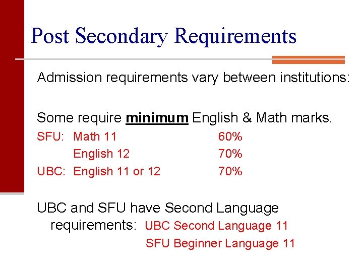 Post Secondary Requirements Admission requirements vary between institutions: Some require minimum English & Math