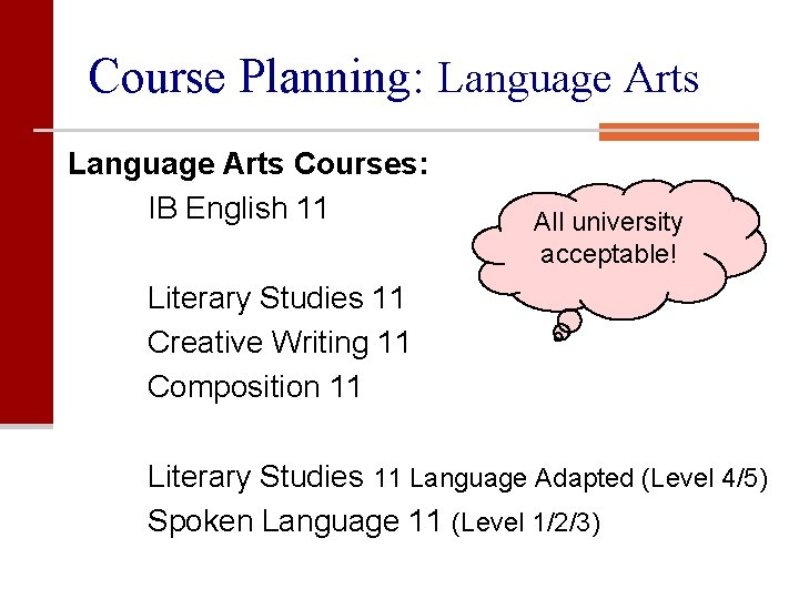 Course Planning: Language Arts Courses: IB English 11 All university acceptable! Literary Studies 11