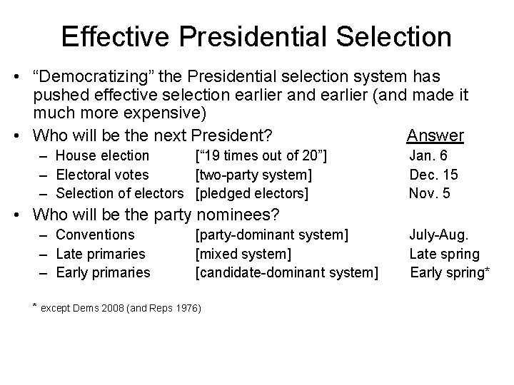 Effective Presidential Selection • “Democratizing” the Presidential selection system has pushed effective selection earlier