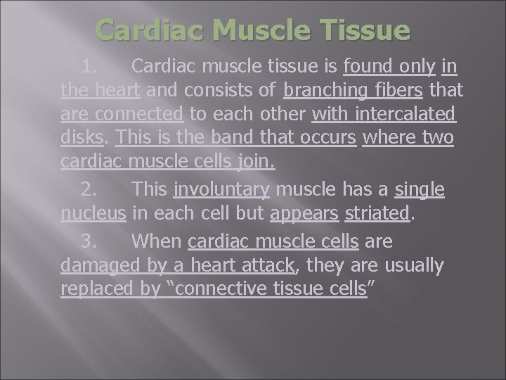 Cardiac Muscle Tissue 1. Cardiac muscle tissue is found only in the heart and