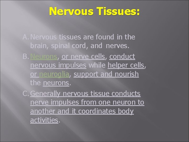 Nervous Tissues: A. Nervous tissues are found in the brain, spinal cord, and nerves.