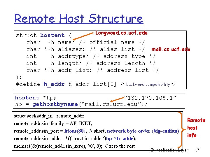 Remote Host Structure Longwood. cs. ucf. edu struct hostent { char *h_name; /* official