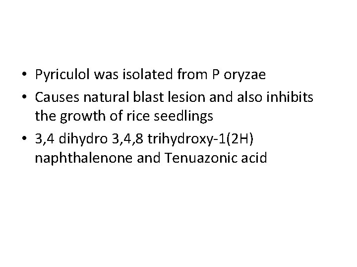  • Pyriculol was isolated from P oryzae • Causes natural blast lesion and