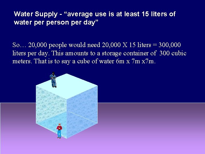 Water Supply - “average use is at least 15 liters of water person per