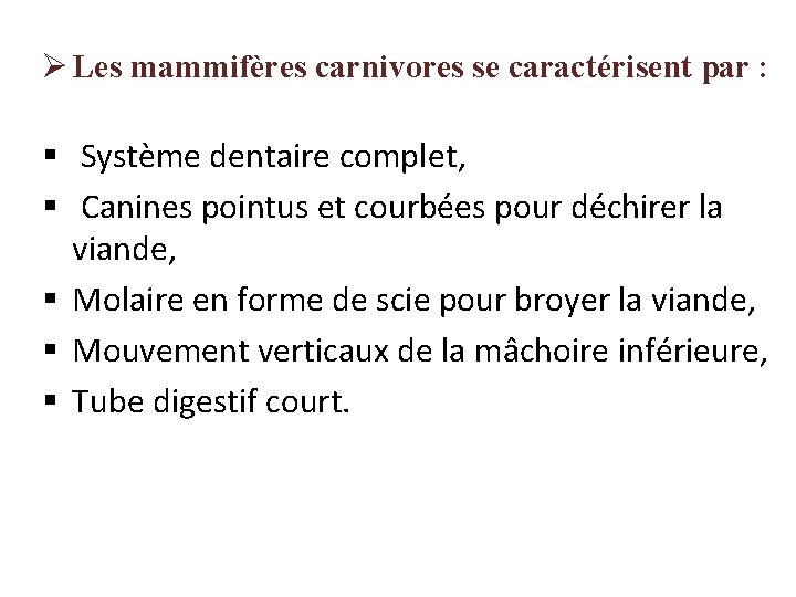 Ø Les mammifères carnivores se caractérisent par : § Système dentaire complet, § Canines