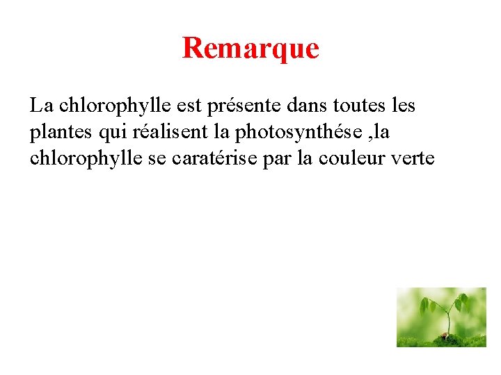 Remarque La chlorophylle est présente dans toutes les plantes qui réalisent la photosynthése ,