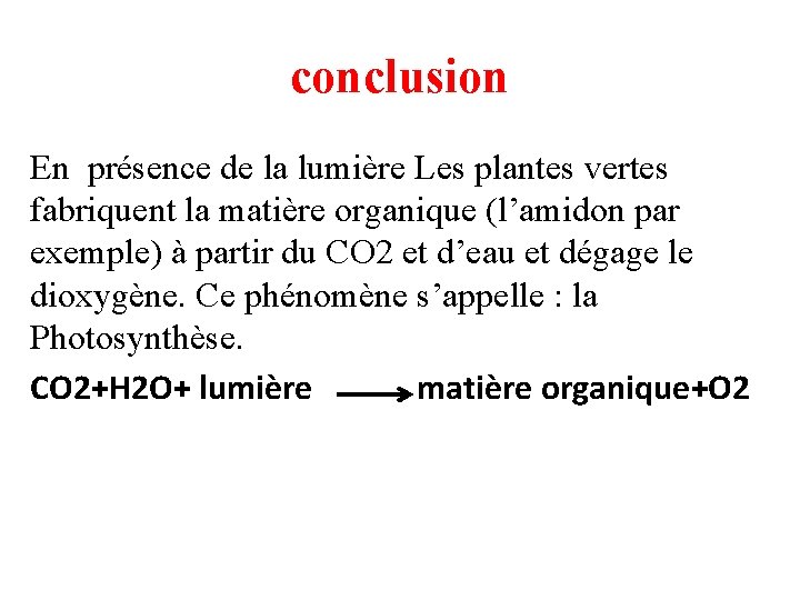 conclusion En présence de la lumière Les plantes vertes fabriquent la matière organique (l’amidon