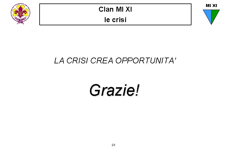 Clan MI XI le crisi LA CRISI CREA OPPORTUNITA' Grazie! 23 MI XI 