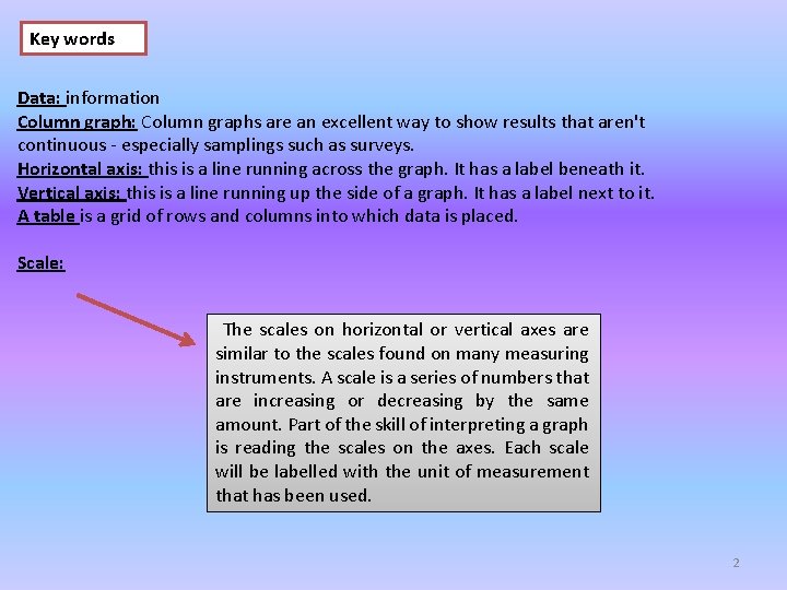 Key words Data: information Column graph: Column graphs are an excellent way to show