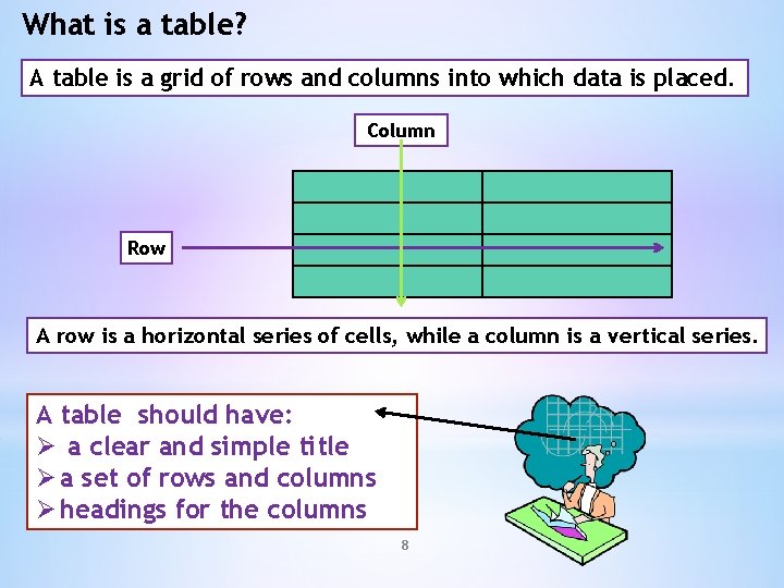 What is a table? A table is a grid of rows and columns into