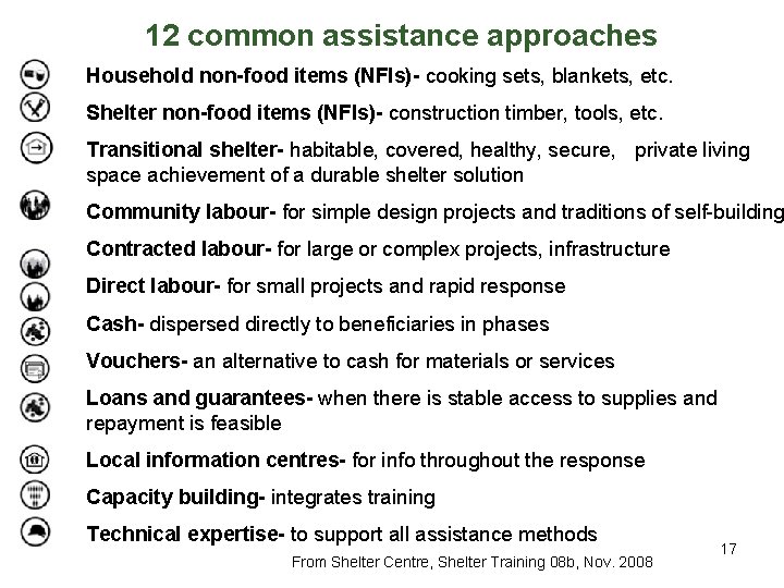  • 145 12 common assistance approaches Household non-food items (NFIs)- cooking sets, blankets,