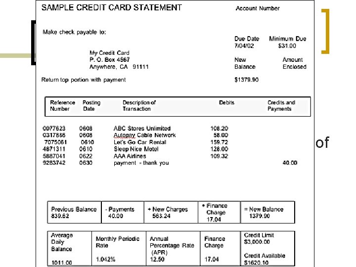 Terminology n n n Payment due date – the date by which the credit