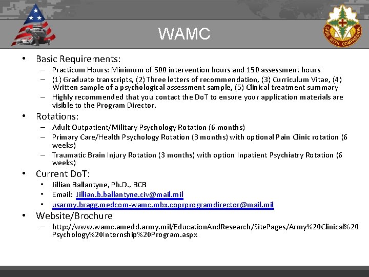 WAMC • Basic Requirements: – Practicum Hours: Minimum of 500 intervention hours and 150