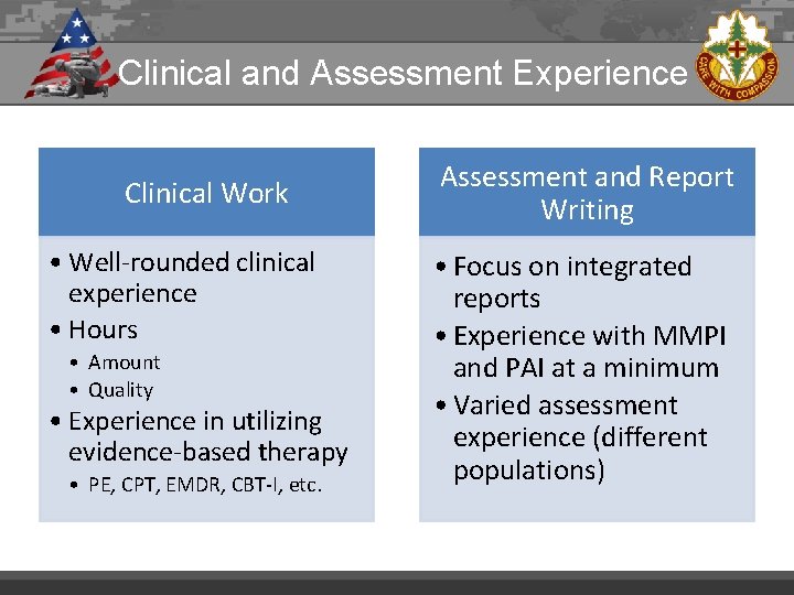 Clinical and Assessment Experience Clinical Work • Well-rounded clinical experience • Hours • Amount