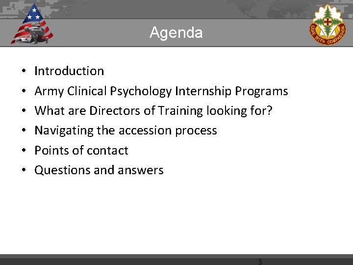 Agenda • • • Introduction Army Clinical Psychology Internship Programs What are Directors of