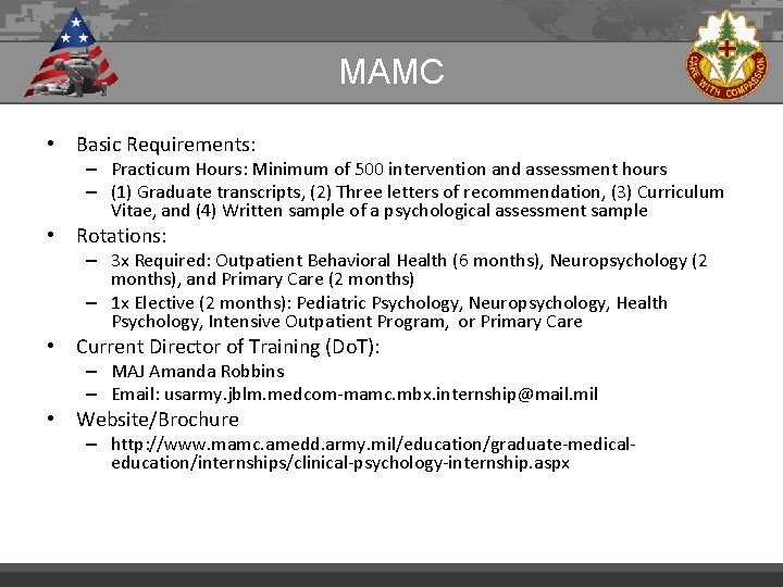 MAMC • Basic Requirements: – Practicum Hours: Minimum of 500 intervention and assessment hours